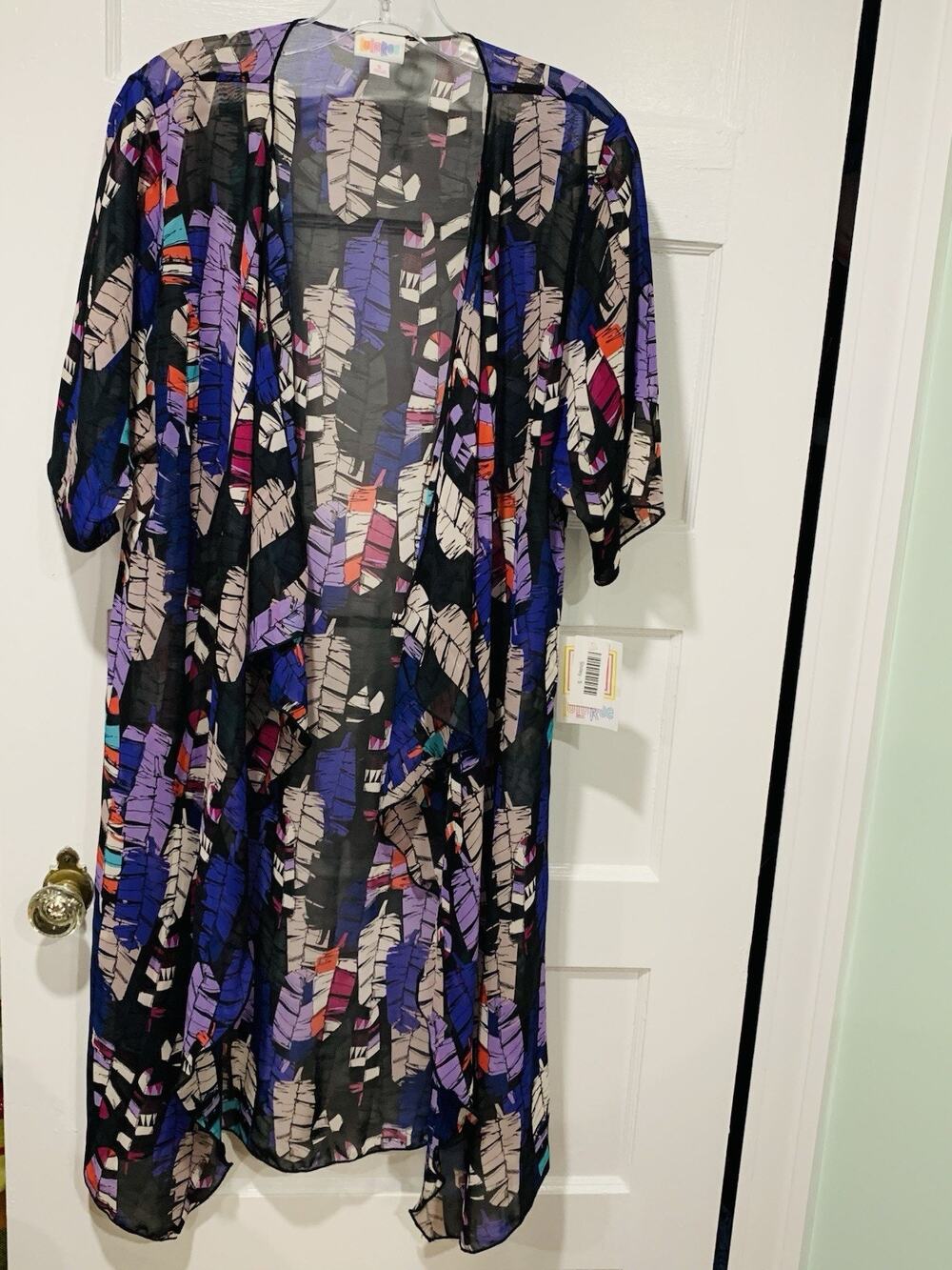LuLaRoe Feather Kimono Tie Sheer Black Purple Size Small